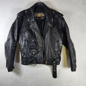 Force Leather Motorcycle Jacket Black Heavyweight Biker Coat Size 14 Distressed